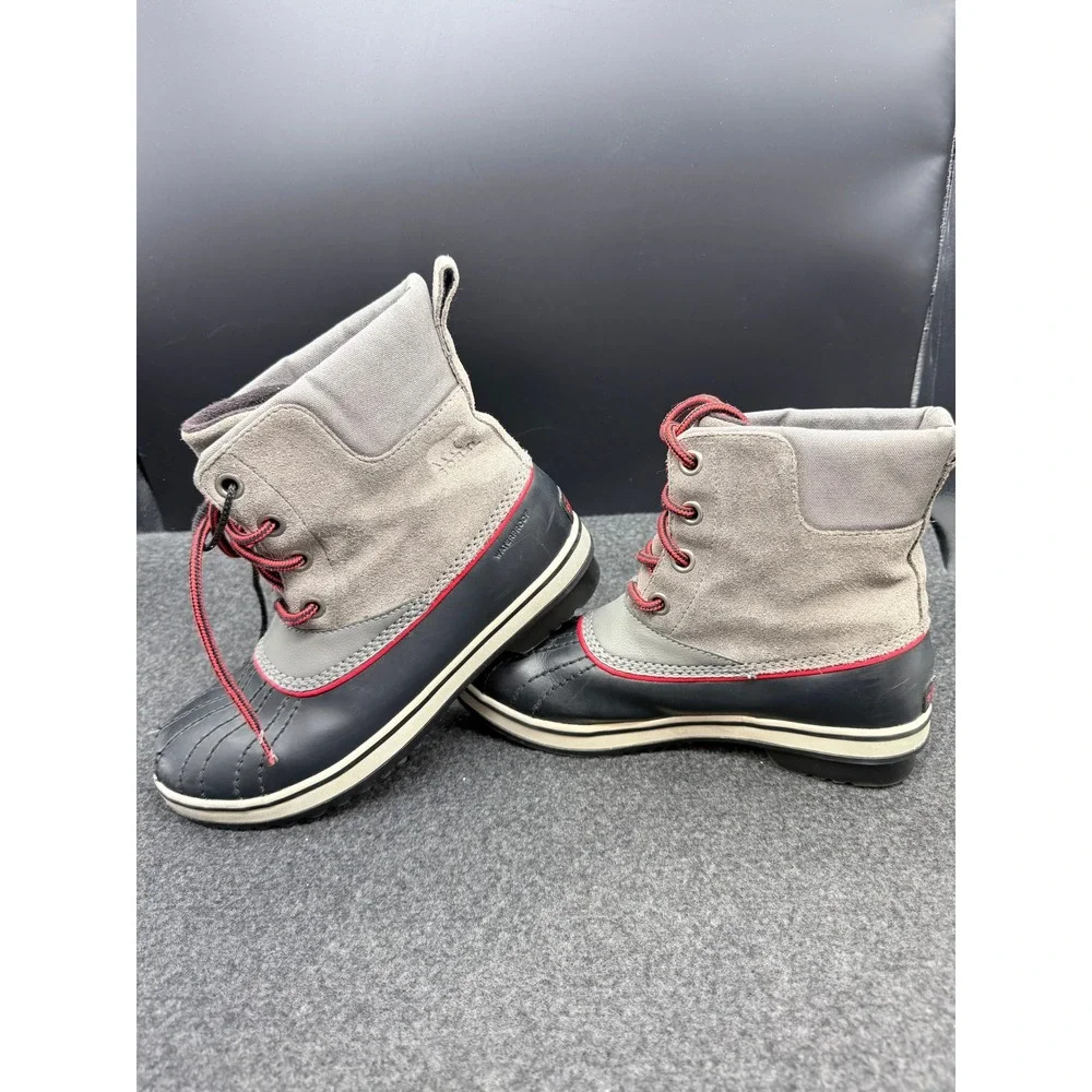 Sorel Waterproof Duck Boots Gray Black Red Suede Rubber Lace Up Winter Boots